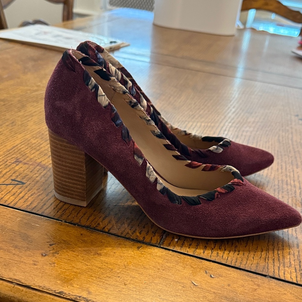 Anthropologie Burgundy Suede Heels with Braided Trim